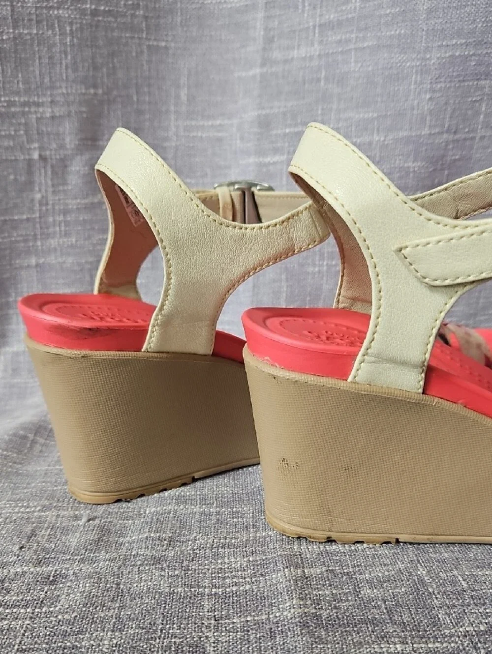 CROCS Pink Floral Wedge Sandals with Cream Ankle Strap